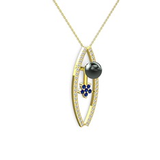 Siyah inci, swarovski ve lab safir 925 ayar altın kaplama gümüş kolye (40 cm altın rolo zincir)