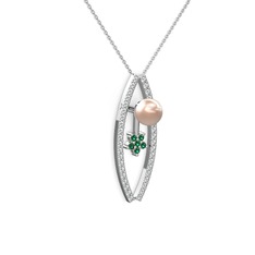Lenta İnci Kolye - Pembe inci, swarovski ve yeşil kuvars 18 ayar beyaz altın kolye (40 cm gümüş rolo zincir) #7h7a75