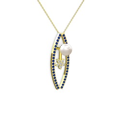 Lenta İnci Kolye - Inci, lab safir ve swarovski 925 ayar altın kaplama gümüş kolye (40 cm gümüş rolo zincir) #7hgfrp