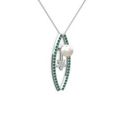 Lenta İnci Kolye - Inci, yeşil kuvars ve swarovski 18 ayar beyaz altın kolye (40 cm beyaz altın rolo zincir) #7oru7o