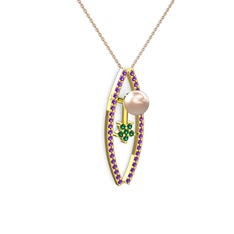 Lenta İnci Kolye - Pembe inci, ametist ve yeşil kuvars 8 ayar altın kolye (40 cm rose altın rolo zincir) #7ppeyp