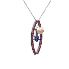 Lenta İnci Kolye - Pembe inci, rodolit garnet ve lab safir 925 ayar siyah rodyum kaplama gümüş kolye (40 cm beyaz altın rolo zincir) #7rym9v