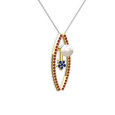 Lenta İnci Kolye - Inci, rodolit garnet ve lab safir 18 ayar altın kolye (40 cm beyaz altın rolo zincir) #7spcly