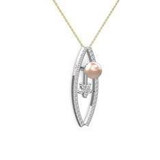 Lenta İnci Kolye - Pembe inci, pırlanta ve swarovski 8 ayar beyaz altın kolye (0.3 karat, 40 cm gümüş rolo zincir) #7ybmk