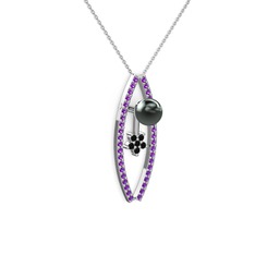 Lenta İnci Kolye - Siyah inci, ametist ve siyah zirkon 925 ayar gümüş kolye (40 cm beyaz altın rolo zincir) #7yydxt