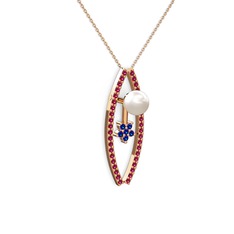 Lenta İnci Kolye - Inci, rodolit garnet ve lab safir 8 ayar rose altın kolye (40 cm rose altın rolo zincir) #85p0z