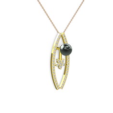 Lenta İnci Kolye - Siyah inci, swarovski ve pırlanta 18 ayar altın kolye (0.066 karat, 40 cm rose altın rolo zincir) #8d0l27