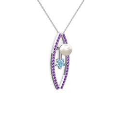 Lenta İnci Kolye - Inci, ametist ve akuamarin 925 ayar gümüş kolye (40 cm beyaz altın rolo zincir) #8dl8ar