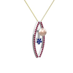 Pembe inci, rodolit garnet ve lab safir 925 ayar gümüş kolye (40 cm altın rolo zincir)