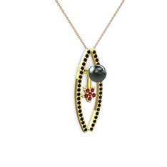 Siyah inci, siyah zirkon ve rodolit garnet 14 ayar altın kolye (40 cm rose altın rolo zincir)