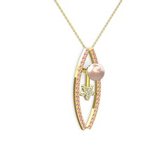 Pembe inci, pembe kuvars ve pırlanta 14 ayar altın kolye (0.066 karat, 40 cm altın rolo zincir)