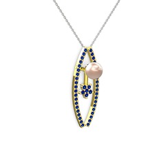 Lenta İnci Kolye - Pembe inci ve lab safir 925 ayar altın kaplama gümüş kolye (40 cm beyaz altın rolo zincir) #8vozj3