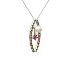 Lenta İnci Kolye - Inci, yeşil kuvars ve ametist 8 ayar rose altın kolye (40 cm beyaz altın rolo zincir) #8wlvl6