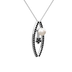 Lenta İnci Kolye - Inci ve siyah zirkon 14 ayar beyaz altın kolye (40 cm beyaz altın rolo zincir) #8zdill