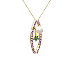 Lenta İnci Kolye - Inci, ametist ve yeşil kuvars 18 ayar altın kolye (40 cm altın rolo zincir) #90mx67
