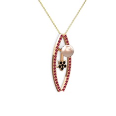 Pembe inci, rodolit garnet ve siyah zirkon 14 ayar rose altın kolye (40 cm altın rolo zincir)