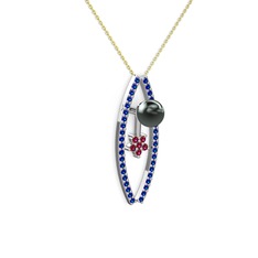 Siyah inci, lab safir ve rodolit garnet 18 ayar beyaz altın kolye (40 cm altın rolo zincir)