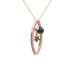 Lenta İnci Kolye - Siyah inci, pembe kuvars ve yeşil kuvars 925 ayar rose altın kaplama gümüş kolye (40 cm gümüş rolo zincir) #94s8f6