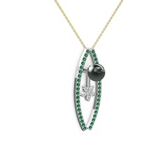 Siyah inci, yeşil kuvars ve swarovski 925 ayar gümüş kolye (40 cm altın rolo zincir)
