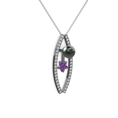 Lenta İnci Kolye - Siyah inci, swarovski ve ametist 925 ayar siyah rodyum kaplama gümüş kolye (40 cm beyaz altın rolo zincir) #9m34cs