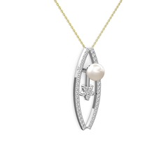 Inci, pırlanta ve swarovski 18 ayar beyaz altın kolye (0.3 karat, 40 cm altın rolo zincir)