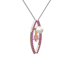 Lenta İnci Kolye - Inci, ametist ve pembe kuvars 18 ayar rose altın kolye (40 cm gümüş rolo zincir) #9tm7xq
