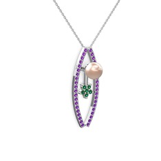 Lenta İnci Kolye - Pembe inci, ametist ve yeşil kuvars 14 ayar beyaz altın kolye (40 cm beyaz altın rolo zincir) #a2b6xu