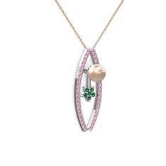 Pembe inci, pembe kuvars ve yeşil kuvars 18 ayar beyaz altın kolye (40 cm rose altın rolo zincir)