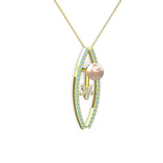 Lenta İnci Kolye - Pembe inci, akuamarin ve swarovski 18 ayar altın kolye (40 cm altın rolo zincir) #a4sgx5