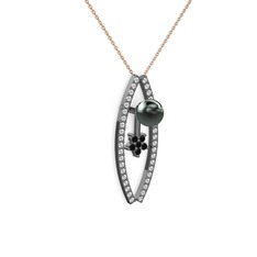 Lenta İnci Kolye - Siyah inci, swarovski ve siyah zirkon 925 ayar siyah rodyum kaplama gümüş kolye (40 cm rose altın rolo zincir) #a4ywc3