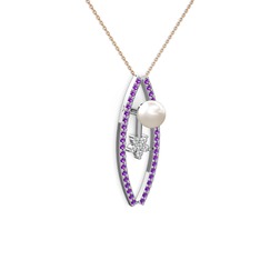 Lenta İnci Kolye - Inci, ametist ve swarovski 8 ayar beyaz altın kolye (40 cm rose altın rolo zincir) #a923xs