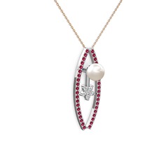Lenta İnci Kolye - Inci, rodolit garnet ve swarovski 8 ayar beyaz altın kolye (40 cm gümüş rolo zincir) #ab7z9o