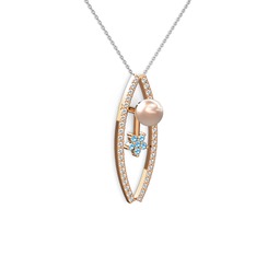 Pembe inci, pırlanta ve akuamarin 14 ayar rose altın kolye (0.3 karat, 40 cm beyaz altın rolo zincir)