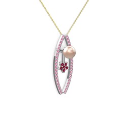 Lenta İnci Kolye - Pembe inci, pembe kuvars ve rodolit garnet 8 ayar beyaz altın kolye (40 cm altın rolo zincir) #akmmfn