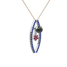 Lenta İnci Kolye - Siyah inci, lab safir ve rodolit garnet 8 ayar beyaz altın kolye (40 cm rose altın rolo zincir) #b47nk3