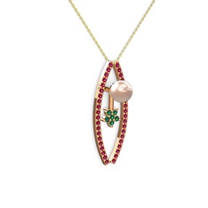 Lenta İnci Kolye - Pembe inci, rodolit garnet ve yeşil kuvars 14 ayar rose altın kolye (40 cm altın rolo zincir) #bfpusi