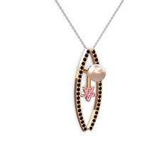 Pembe inci, siyah zirkon ve pembe kuvars 8 ayar rose altın kolye (40 cm beyaz altın rolo zincir)