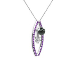 Siyah inci, ametist ve swarovski 925 ayar gümüş kolye (40 cm beyaz altın rolo zincir)