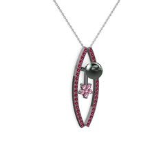 Lenta İnci Kolye - Siyah inci, rodolit garnet ve pembe kuvars 925 ayar siyah rodyum kaplama gümüş kolye (40 cm beyaz altın rolo zincir) #bmb86t