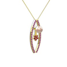 Lenta İnci Kolye - Pembe inci, ametist ve rodolit garnet 8 ayar altın kolye (40 cm altın rolo zincir) #bmnlwg