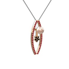 Lenta İnci Kolye - Pembe inci, rodolit garnet ve siyah zirkon 925 ayar rose altın kaplama gümüş kolye (40 cm gümüş rolo zincir) #c0coie
