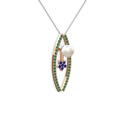 Lenta İnci Kolye - Inci, yeşil kuvars ve lab safir 8 ayar rose altın kolye (40 cm beyaz altın rolo zincir) #c1aj06