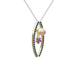 Lenta İnci Kolye - Pembe inci, lab safir ve ametist 925 ayar altın kaplama gümüş kolye (40 cm beyaz altın rolo zincir) #c2954z