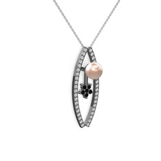 Lenta İnci Kolye - Pembe inci, swarovski ve siyah zirkon 925 ayar siyah rodyum kaplama gümüş kolye (40 cm beyaz altın rolo zincir) #c2c6l3
