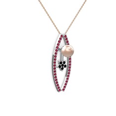 Lenta İnci Kolye - Pembe inci, rodolit garnet ve siyah zirkon 8 ayar beyaz altın kolye (40 cm gümüş rolo zincir) #c5ol0w
