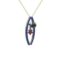 Siyah inci, lab safir ve rodolit garnet 925 ayar siyah rodyum kaplama gümüş kolye (40 cm altın rolo zincir)
