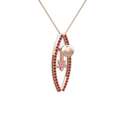 Pembe inci, rodolit garnet ve pembe kuvars 925 ayar rose altın kaplama gümüş kolye (40 cm rose altın rolo zincir)