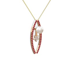 Lenta İnci Kolye - Inci, rodolit garnet ve swarovski 8 ayar rose altın kolye (40 cm altın rolo zincir) #d7wnnl