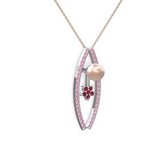 Pembe inci, pembe kuvars ve rodolit garnet 8 ayar beyaz altın kolye (40 cm rose altın rolo zincir)