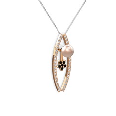Lenta İnci Kolye - Pembe inci, pırlanta ve siyah zirkon 8 ayar rose altın kolye (0.3 karat, 40 cm beyaz altın rolo zincir) #dgq6dj